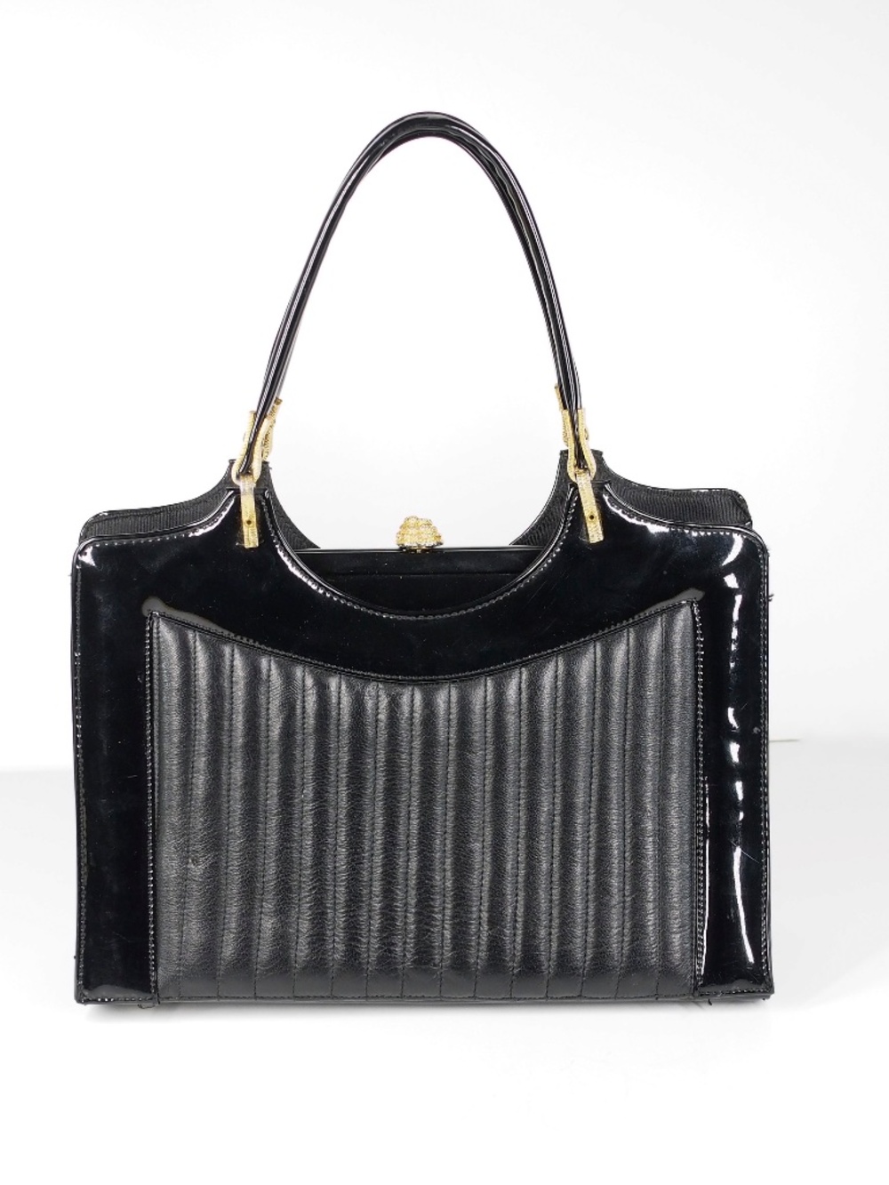 Vintage 60s Black Patent Like Top Handle Handbag Quilted Gold-Tone Hardware
